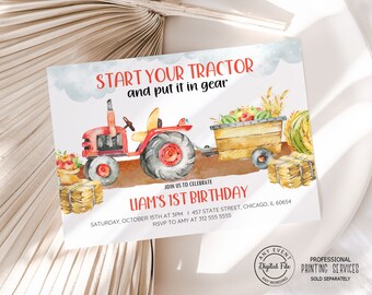Puede incluir: Un tractor rojo y amarillo con un vagón lleno de frutas y verduras. La invitación dice "Start your tractor and put it in gear. Join us to celebrate Liam's 1st Birthday. Saturday, October 15th at 3pm | 457 State Street, Chicago, IL 60654. RSVP to Amy at 312 555 5555."