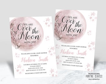 Over The Moon Baby Shower Invitation Printable, Moon & Stars Baby Girl Sprinkle Invite, Pink Space Galaxy Twins Baby Shower