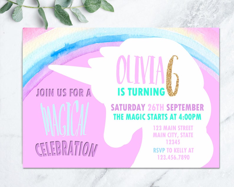 Magical Unicorn And Rainbow Birthday Invitation Girl Party Printable Invite Watercolor Pink Diy