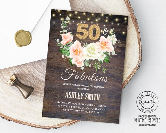 Blush Roses 50 Birthday Anniversary Invitation, Fifty and Fabulous Floral Party Invite, Woman Surprise Party Printable, Rustic String Light Il_570xn