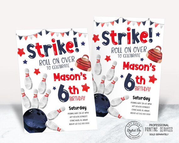 Red and Blue Bowling Birthday Invitation, Boy Bowling Party Invite, Strike Up Some Fun Printable Invitation, Bowling Night Digital Invite Il_570xn