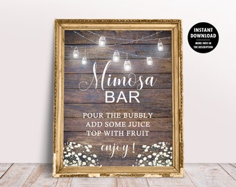 Rustic Mom-Osa Baby Shower Printable Bar Sign With Barn Wood and String Lights, Mimosa Table Sign