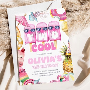 Two Cool Birthday Invitation | Summer Girl 2nd Birthday Invite, Second Birthday Printable, Ice Cream Party | Popsicle Pool Party Invite