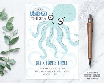 May include: A blue and white invitation with an illustration of an octopus with the text "Join us under the sea" and "Alex turns three". The invitation includes the date, time, address, and RSVP information.