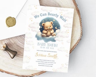 Teddy Bear Baby Shower Invitation, We Can Bearly Wait Invite, Baby Boy Baby Shower, Over The Moon Baby Shower