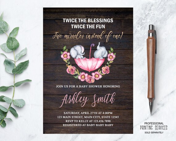 Floral Elephant Twins Baby Shower Invitation With Wood Background, Little Peanut Printable Invite Il_570xn