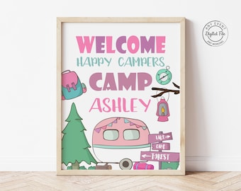 Camping Birthday Welcome Sign, Girl 1st Birthday Door Sign, One Happy Camper, Forest Adventure Camp Party Decor Decorations Printable 1033