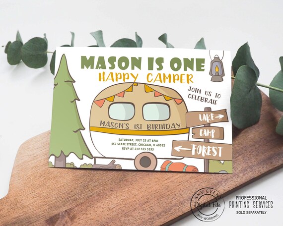 Camping Boy 1st Birthday Invitation, Camper Party Invite Printable, Forest Adventure Camp, S'mores First Birthday Invitation 1032 Il_570xn