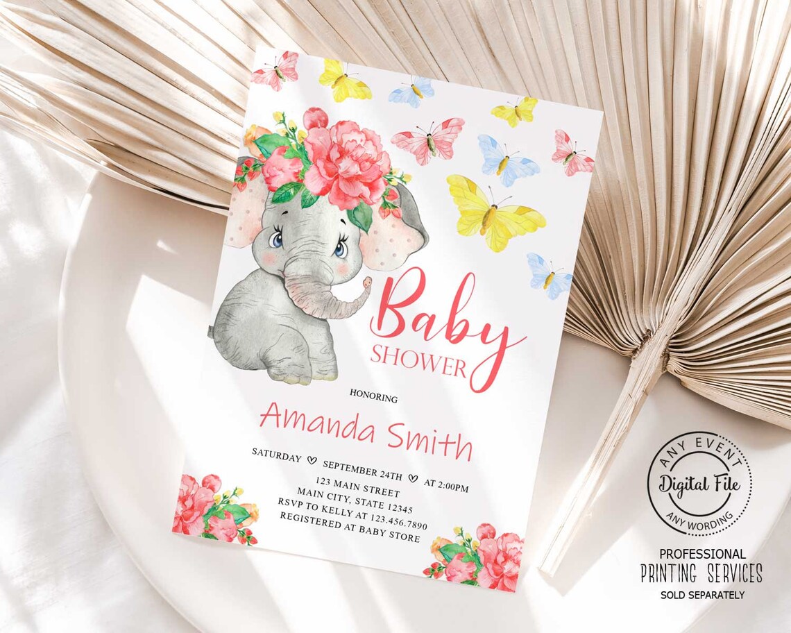 Floral Elephant Baby Shower Invitation Butterfly Colorful Etsy