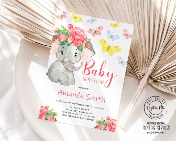 Floral Elephant Baby Shower Invitation, Butterfly Colorful Baby Shower Invite, Watercolor Elephant Pink Floral Design Baby Shower Digital Il_570xn