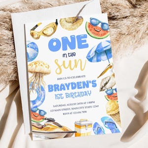One In The Sun 1st Birthday Party Invitation Tropical Summer Boy Shark Pool Party Invite Beach Ocean Theme Invitation Summer Birthday Party
