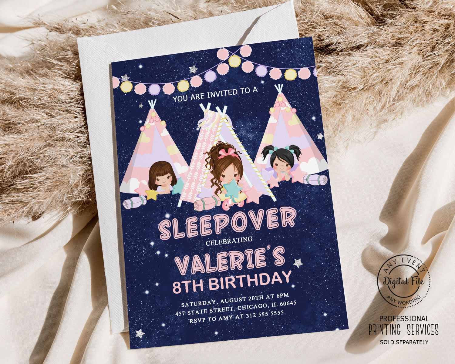 Sleepover Camping Birthday Invitations, Girls Glamping Slumber