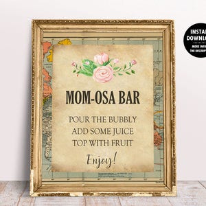 Mimosa baby shower bord, wereldkaart babyshower, bord mimosa bar, reizen babyshower decor, Mom-Osa bord, Around the World babyshower 1014