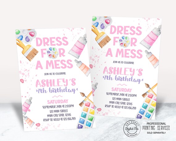 Painting Birthday Party Invitation, Art Party Invite Arts and Crafts Invite, Dress for a Mess Party Birthday Girl Invite Digital Custom 1027 Il_570xn