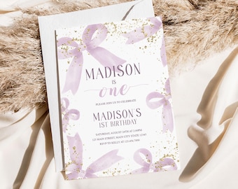 Purple Bow 1st Birthday Invitation Girl, First Birthday Template Printable, Coquette Bow Invitation 1st Birthday Girl Invite, Bow Invite