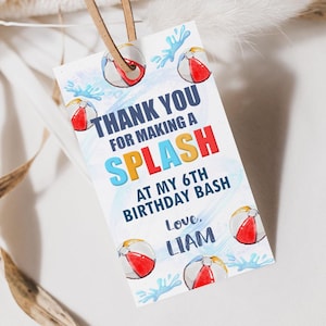 Splish Splash Birthday Thank You Tag, Splash Pad Favor Tag, Swimming Party Gift Bags Decor, Water Park or Beach Birthday, Beach Ball 1030