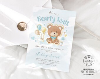 May include: A blue and white baby shower invitation with a watercolour background. The invitation features a cartoon teddy bear holding balloons and the text "We can Bearly Wait! Baby Smith is on the way!"