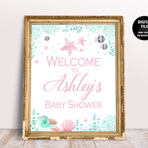 Pink Starfish Baby Shower Welcome Sign, Under the Sea Baby Sprinkle Decor Decorations, Ocean Theme Party Table Sign 1057