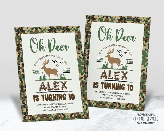 Deer Hunting Birthday Invitation, Camo Party Printable Invite, Outdoor Woodland Forest Animals Digital File Il_570xn