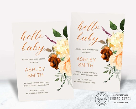 Elegant Hello Baby Fall Baby Shower Invitation, Autumn Floral Baby Sprinkle Party Invite, October Bridal or Wedding Shower Thanksgiving Il_570xn