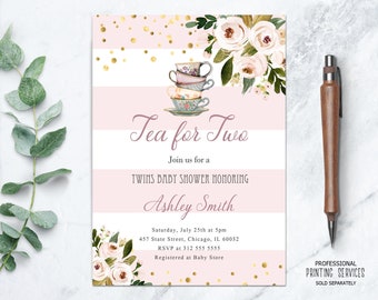 Twins Baby Shower Invitation Girl Floral Tea for Two Baby Shower Tea Party Invitation Baby Girl Twins Invite