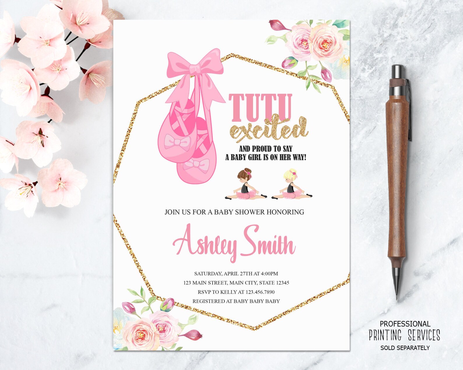 ballerina girl baby shower invitation printable, floral ballet shoes personalzied invite