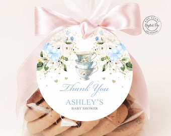 Tea Party Baby Shower Thank You Tag, Baby is Brewing Baby Brunch Favors Tag, Blue Floral High Tea Party Decor Digital Printable Par-Tea 1063