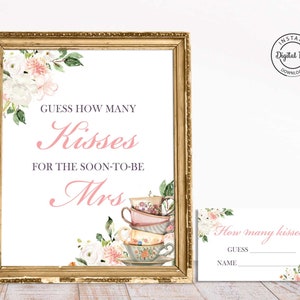 Carta con segno e risposta "Quanti baci", gioco per la festa della sposa con il tè, tazza da tè floreale per la festa della sposa, High Tea Bridal Bruch, Love is Brewing 1043