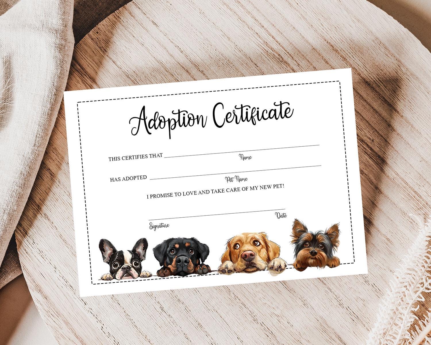 Pet Adoption Certificate Puppy Kitten Adoption Dogs and Cats Birthday ...