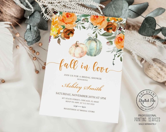 Fall in Love Bridal Shower Invitation, Autumn Pumpkin Wedding Shower Party Invite, Fall Thanksgiving Bridal Brunch Lunch With the Bride 1044 Il_570xn