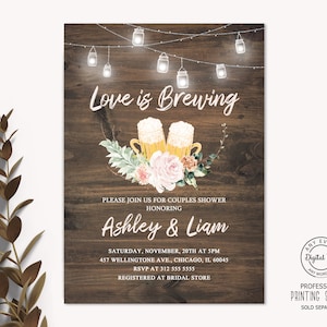 Love is Brewing Couple&#39;s Shower Invitation Printable, Rustic Floral Beer Brewery Bridal Shower Invite Engagement Rehearsal Dinner