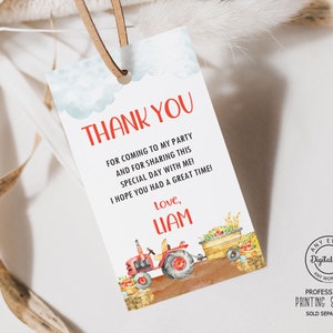 Red Tractor Birthday Thank You Tag Boy Fall First Birthday Favors Bag ...