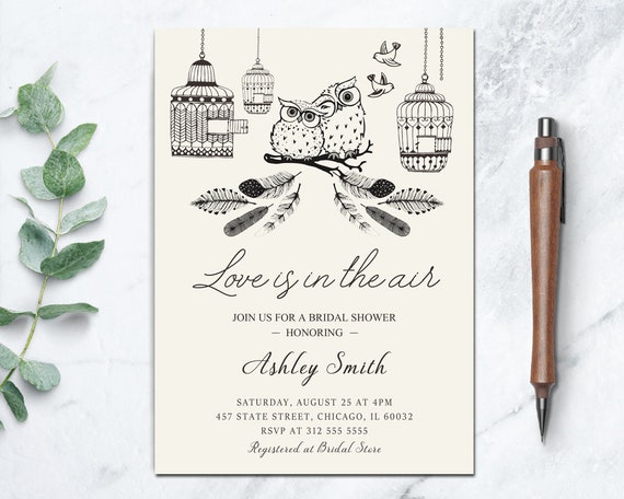Owl Bridal Shower Invitation, Rustic Bridal Party Printable Invite Black and White, Bird Cage Shower Invitation, Woodland Wedding Shower Il_570xn