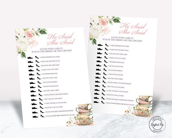 He Said She Said Game, Tea Bridal Shower Party Game, Floral Teacup Wedding Shower, Bridal Tea, High Tea Bridal Bruch, Love is Brewing 1043 Il_570xn