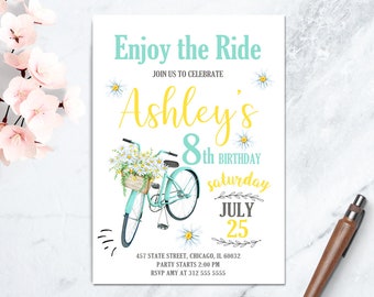 Bicycle Invitation, Outdoor Birthday Invitation, Vintage Bicycle Invitation, Yellow and Blue Printable Girl Birthday Party, Park Birthday