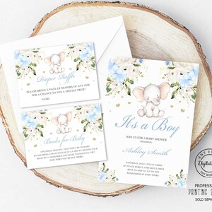 Forfait baby shower éléphant pour garçon, demande de livre d'invitation et cartes de tombola de couches, c'est une invitation à une fête de garçon, impression Oh Boy saupoudrer