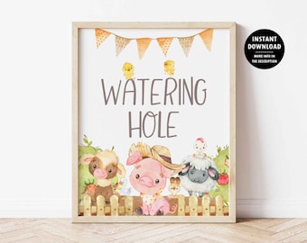 Watering Hole Drink Table Birthday Sign, Farm Animals Boy or Girl Party Table Decor, Petting Zoo Printable Decoration No. 1016