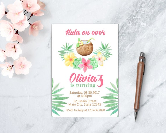Hawaiian Luau Birthday Invitation, Aloha Tropical Party, Girl Hawaiian Floral Birthday Party, Hula on Over, PRINTABLE Il_570xn