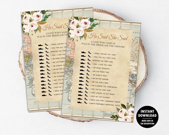 He Said She Said Bridal Shower Games, Guess Who Said It First World Map Travel Them Il_570xn