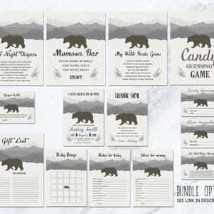 May include: A collection of baby shower stationery with a bear theme. The set includes signs for games, gift lists, and advice, all in shades of gray and white. The text includes "Late Night Diapers", "Momosa Bar", and "Candy Guessing Game".