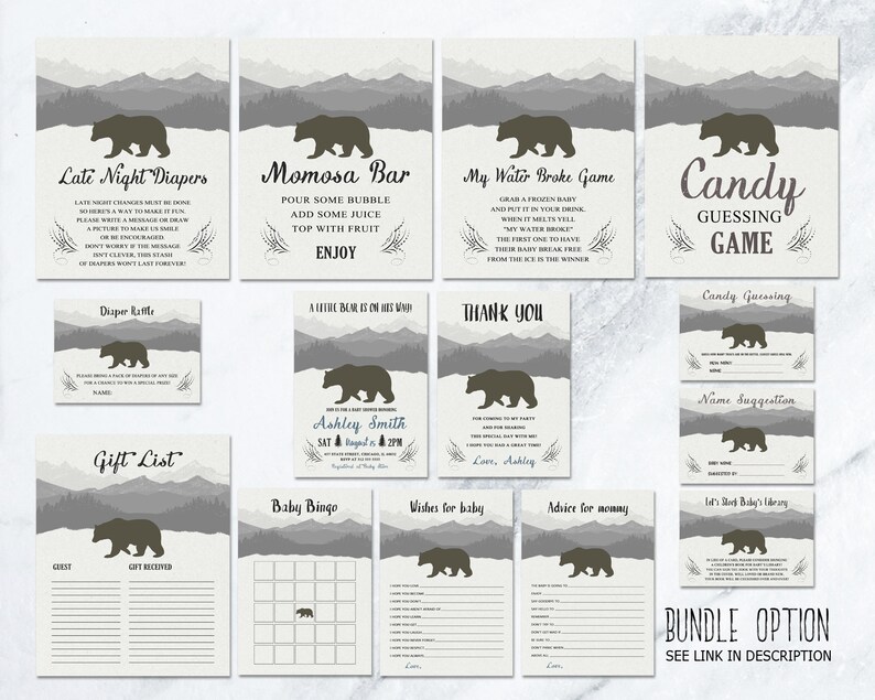 May include: A collection of baby shower stationery with a bear theme. The set includes signs for games, gift lists, and advice, all in shades of gray and white. The text includes "Late Night Diapers", "Momosa Bar", and "Candy Guessing Game".