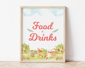 Farmers Market Essen und Trinken Schild zum Ausdrucken, Obst und Gemüse Dekor, Sommerparty, Babyparty, Grillen, Picknicktisch Schild, lokal gewachsenes Schild