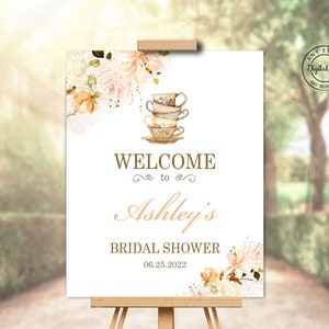 Floral Tea Party Bridal Shower Welcome Sign, Bridal Tea Decoration Printable, High Tea Table Sign, Love is Brewing Party Decor Lets Have Tea