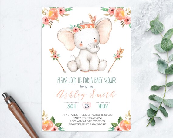 Floral Boho Girl Elephant Baby Shower Invitations Printable, Little Peanut Jungle Safari Animal Invite Il_570xn