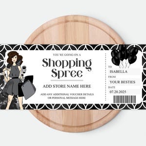 Buono regalo modificabile per shopping, biglietto a sorpresa per viaggio di shopping, modello di carta regalo per giornata di shopping, certificato di compleanno a sorpresa per shopping