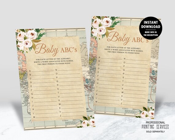 Around The World Map Baby Shower ABCs Game Printable Floral Travel Around The World Map Baby Shower ABCs Game Printable Floral Travel