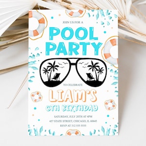 Boy Pool Party Invitation, Water Park Birthday Invite, Sunglasses Party Invitation, Fun in the Sun, Cool by the Pool Teenage Birthday 1058