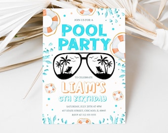 Boy Pool Party Invitation, Water Park Birthday Invite, Sunglasses Party Invitation, Fun in the Sun, Cool by the Pool Teenage Birthday 1058
