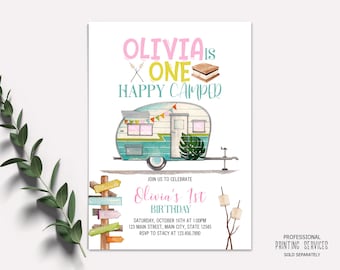 Girls 1st Camping Birthday Invitation, One Happy Camper First Birthday Party Invite, Camp Invitation Pink Green , S'mores Marshmallows 1026