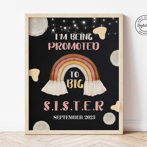 Anuncio de promoción de hermana mayor en pizarra de arcoíris, póster de utilería para sesión de fotos de hermanas, anuncio de embarazo con letrero de hermana mayor, acuarela